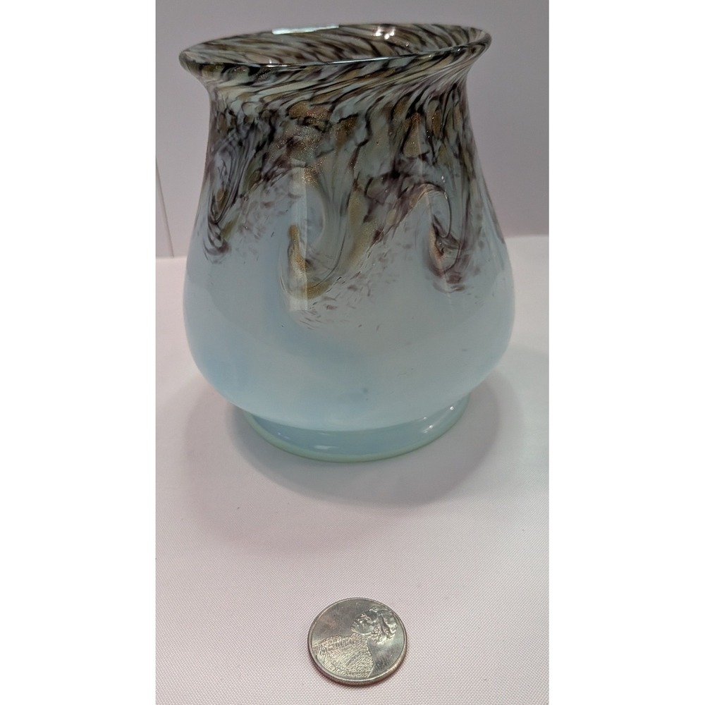 Unbranded Art Glass Vase Unisex OS Blue Excellent Gold Aventurine Feathered Rim